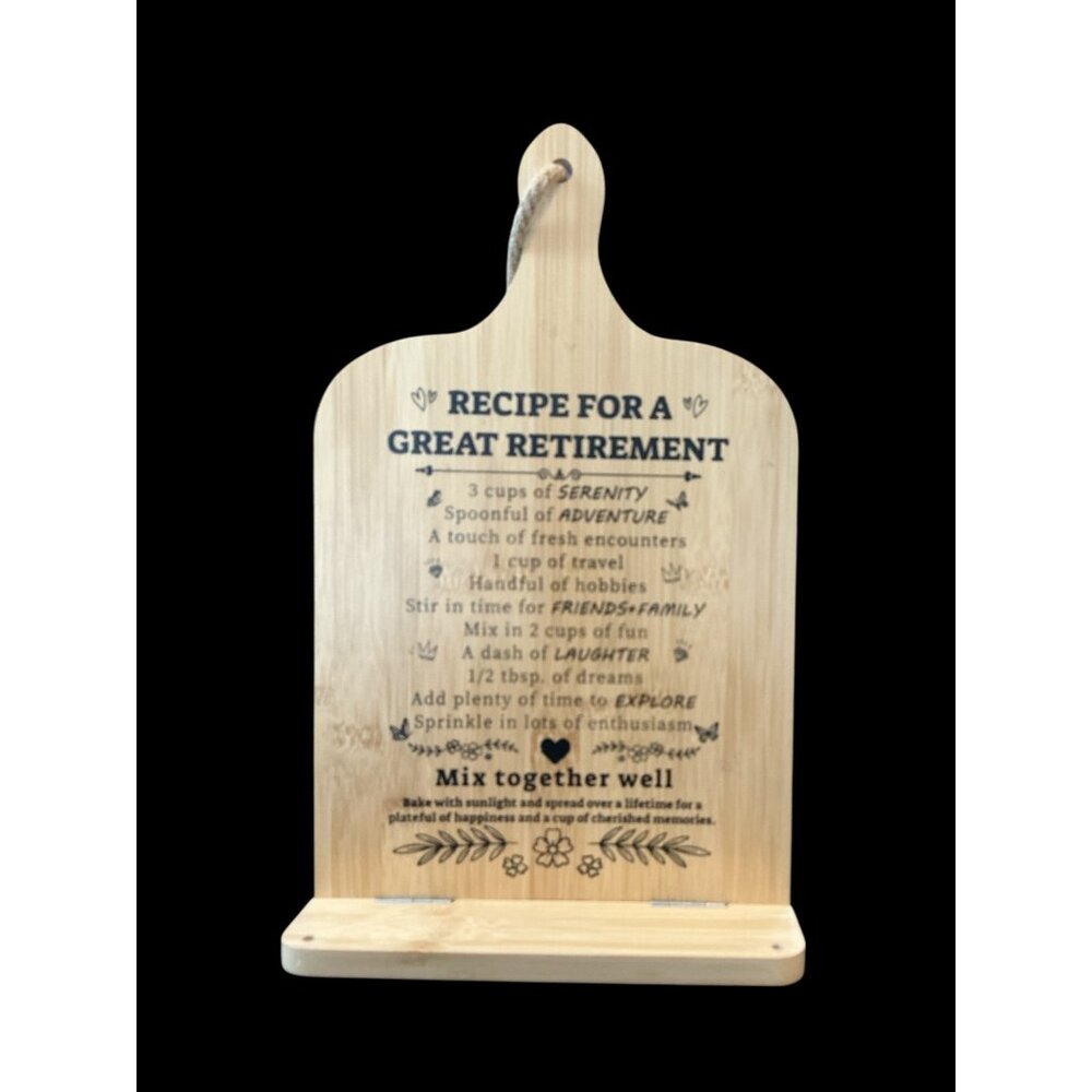 Bamboo Wooden Cutting Board Plaque With "Recipe For A Great Retirement" Print‎ &